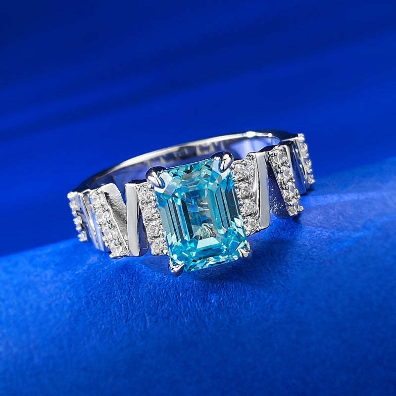 Mu Jing's new S925 silver 6*8 rectangular 3ct car flat light sea blue ring for women simple and atmospheric diamond ring one piece drop shipping-Mix MIx Style