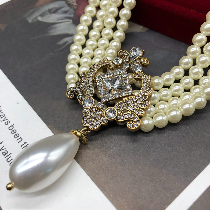 White Vintage Retro Multirow Akoya Pearls Diamonds Luxury 18k Gold Plated Necklace Earrings Jewelry Set | Mix Mix Style-Mix MIx Style
