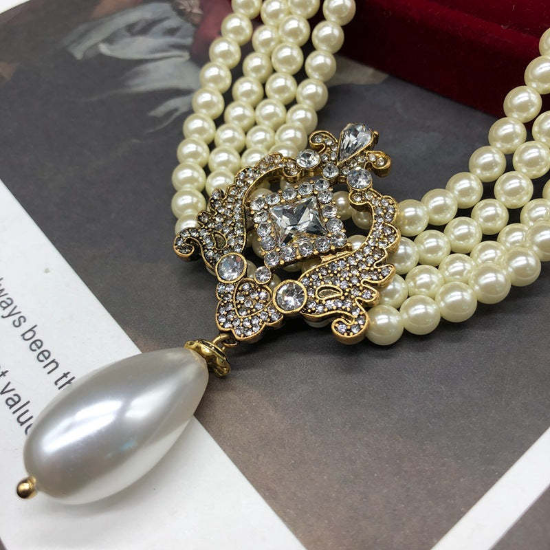White Vintage Retro Multirow Akoya Pearls Diamonds Luxury 18k Gold Plated Necklace Earrings Jewelry Set | Mix Mix Style-Mix MIx Style