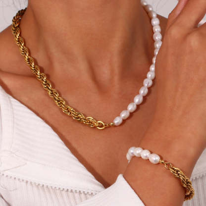 Half Pearl & Half Chain Vintage Classic Luxury 18k Gold Plated Necklace Bracelet Jewelry Set | Mix Mix Style-Mix MIx Style
