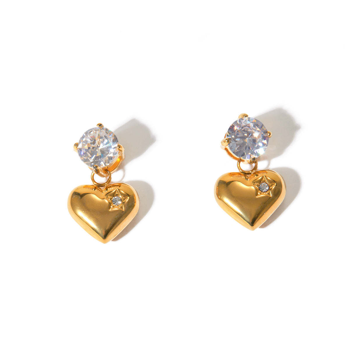 Love Glossy Heart Shaped Trendy Round Moissanite Diamond Elegant 18k Vermeil Gold Plated Drop Earrings | Mix Mix Style-Mix MIx Style