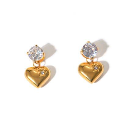 Love Glossy Heart Shaped Trendy Round Moissanite Diamond Elegant 18k Vermeil Gold Plated Drop Earrings | Mix Mix Style-Mix MIx Style