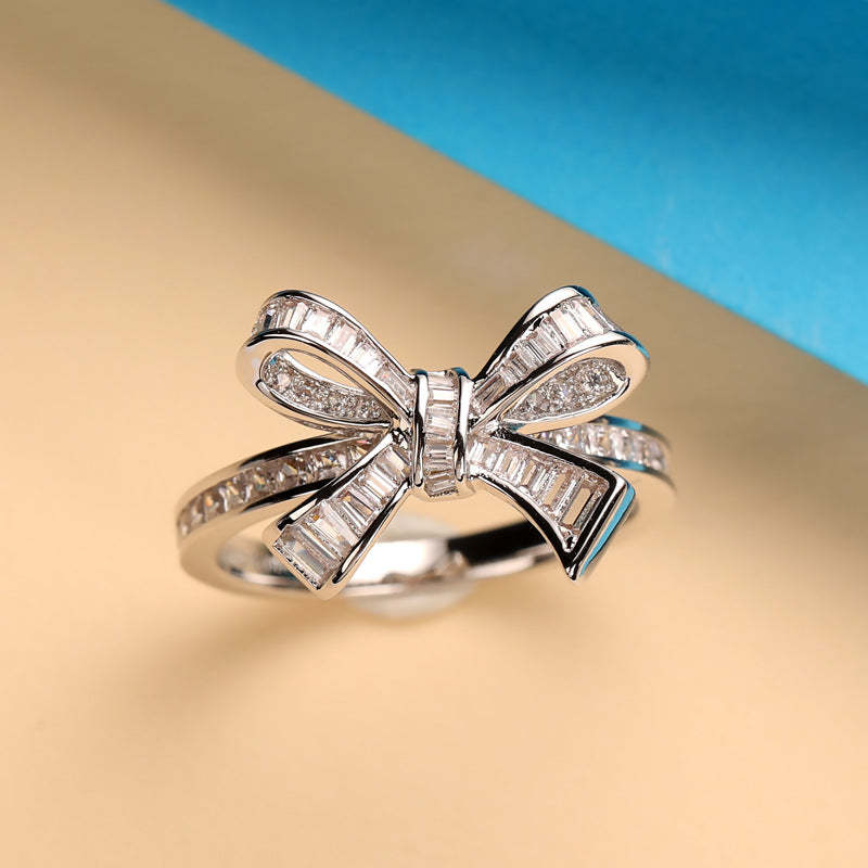 2021 Cross-border New Product 925 Silver Bow Ring Micro-inlaid Simulated T-shaped Diamond Sweet Women's Wedding Dress Style Accessories-Mix MIx Style