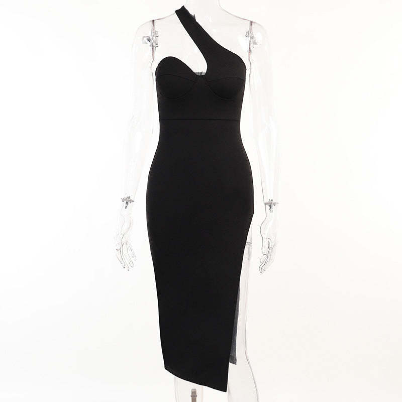 Black One Shoulder High Slit Slim Bandage Date Valentine Midi Dress | Mix Mix Style-Mix MIx Style