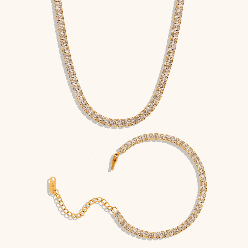 Chain Classic Pendant White Diamonds Luxury 18k Vermeil Gold Plated Necklace Bracelet Jewelry Set | Mix Mix Style-Mix MIx Style