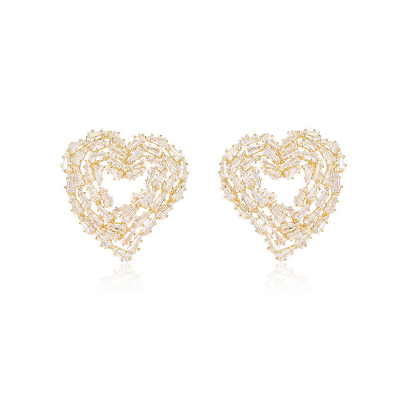 Korean style new earrings trendy niche design silver needle earrings trapezoidal zircon inlaid hollow love-shaped earrings-Mix MIx Style