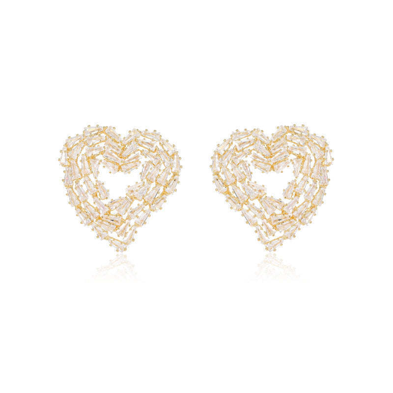 Korean style new earrings trendy niche design silver needle earrings trapezoidal zircon inlaid hollow love-shaped earrings-Mix MIx Style