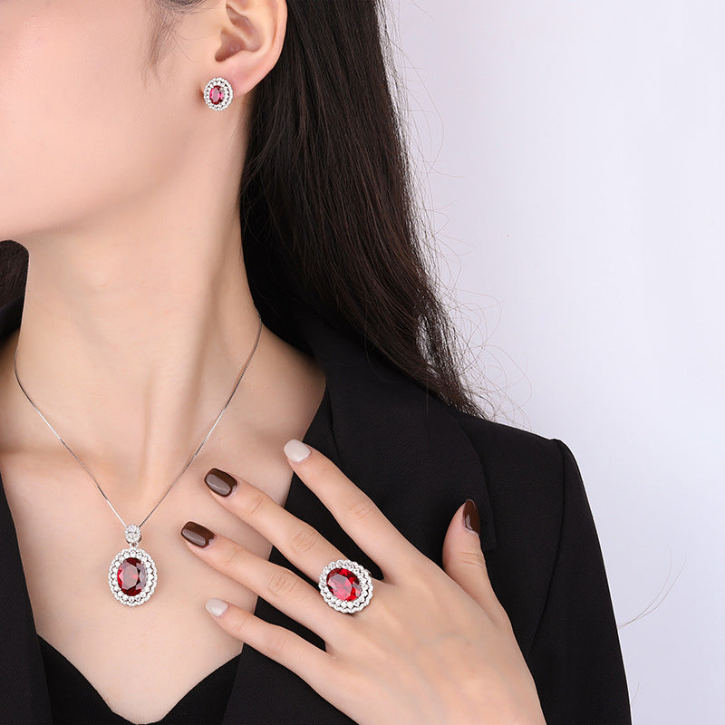 S925 silver European and American fashion set Douyin hot sale imitation ruby dan-shaped pendant ring 16*12 earrings 6*8-Mix MIx Style