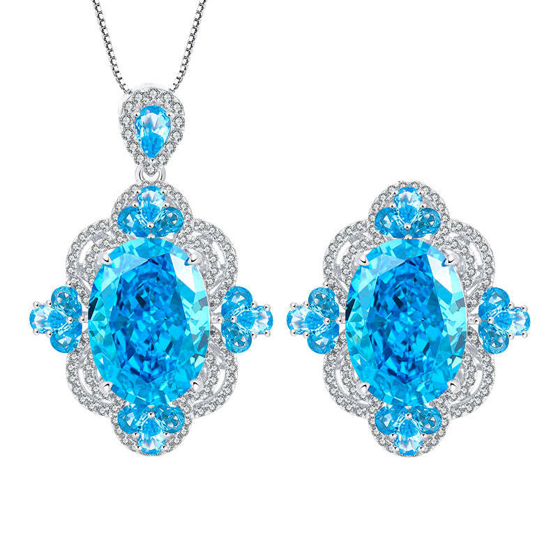 S925 Silver Douyin Popular High Carbon Diamond Radiant Cut Aquamarine Pendant Necklace Ring Stone 18*13 Set-Mix MIx Style