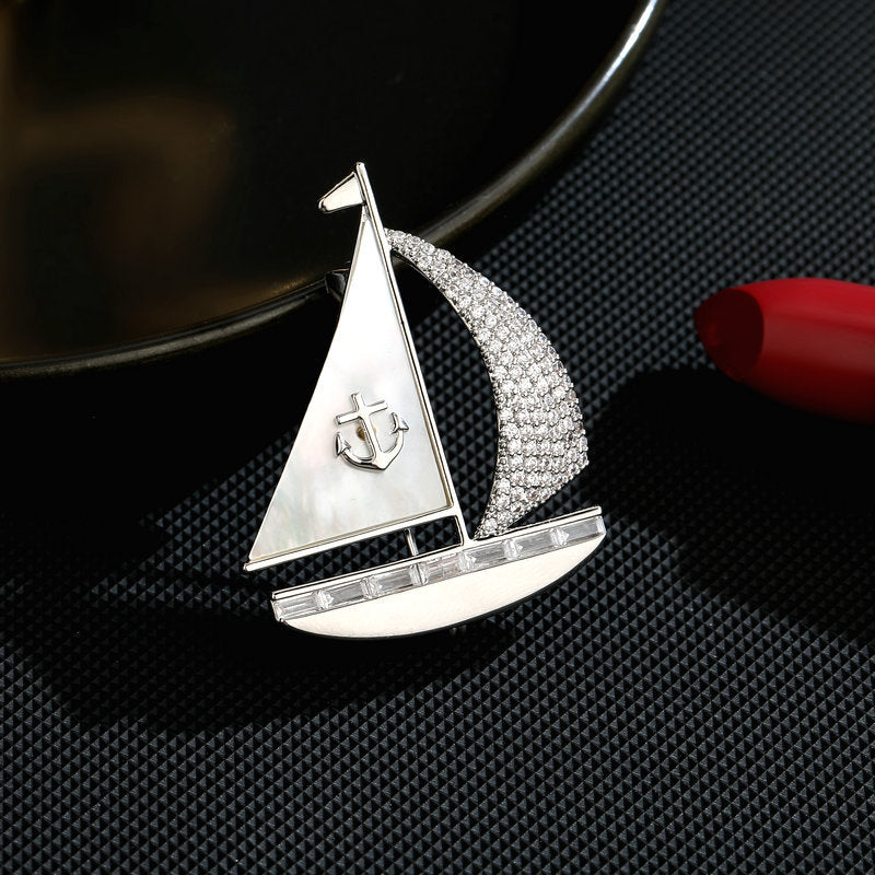 Korean style fashionable autumn and winter clothing accessories mother-of-pearl zircon inlaid high-end brooch Smooth sailing creative design sailing brooch-Mix MIx Style