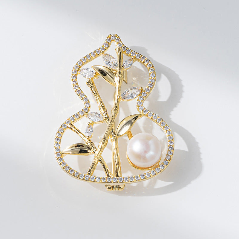Concubine Xiliang French style light luxury exquisite copper zircon freshwater pearl bamboo brooch niche versatile gourd corsage-Mix MIx Style