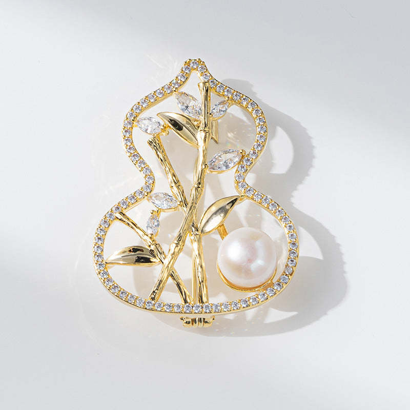 Concubine Xiliang French style light luxury exquisite copper zircon freshwater pearl bamboo brooch niche versatile gourd corsage-Mix MIx Style