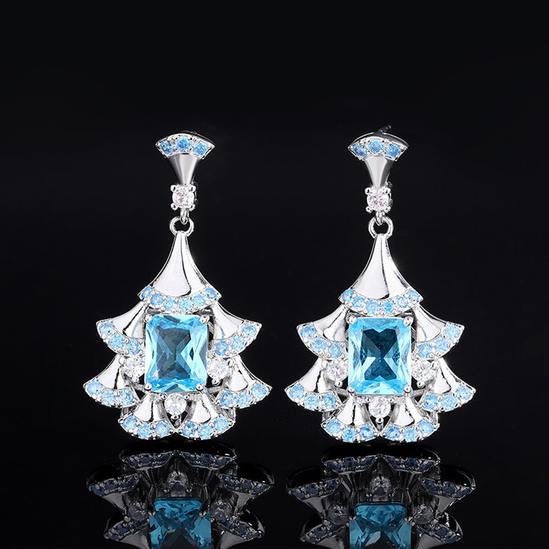 Sea Blue & White Fan-shaped Dazzling Radiant Cut Moissanite Diamonds Luxury 18k White Gold Plated Drop Earrings | Mix Mix Style-Mix MIx Style