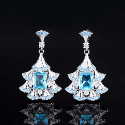 Sea Blue & White Fan-shaped Dazzling Radiant Cut Moissanite Diamonds Luxury 18k White Gold Plated Drop Earrings | Mix Mix Style-Mix MIx Style
