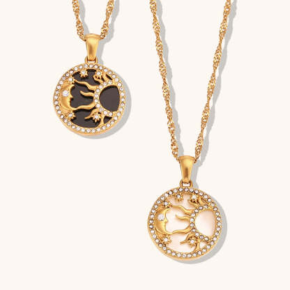 Circle Moon & Sun Retro Classic Pendant White Diamonds Luxury 18k Vermeil Gold Plated Necklace Jewelry | Mix Mix Style-Mix MIx Style