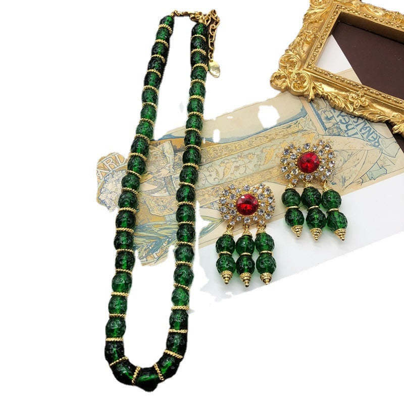 Green & Red Retro Classic Pendant Round Diamond Luxury 18k Gold Plated Necklace Earrings Jewelry Set | Mix Mix Style-Mix MIx Style