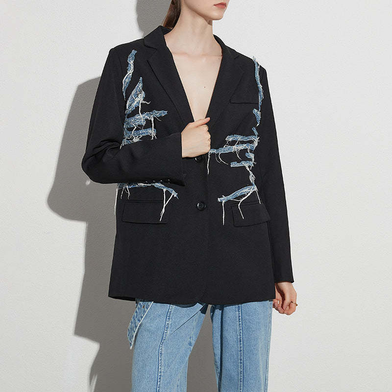 Street Fashion European and American Style 2024 Summer New Suit Collar Irregular Denim Splicing Tassel Suit Jacket Women-Mix MIx Style