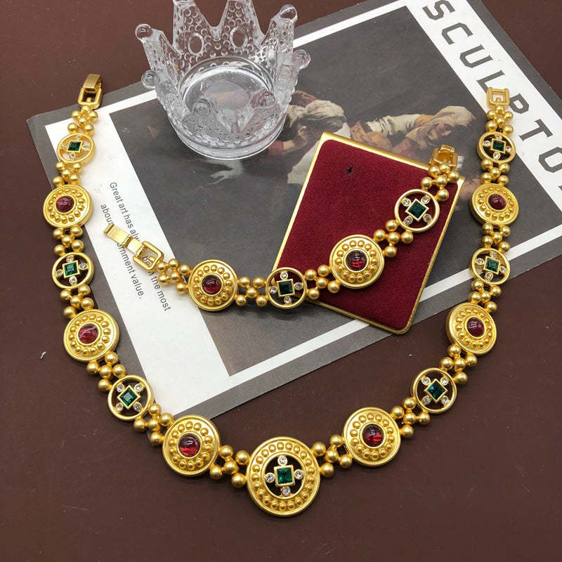 Circles Retro Red Round Cut Diamond Luxury 18k Vermeil Gold Plated Necklace Earring Bracelet Jewelry Set | Mix Mix Style-Mix MIx Style