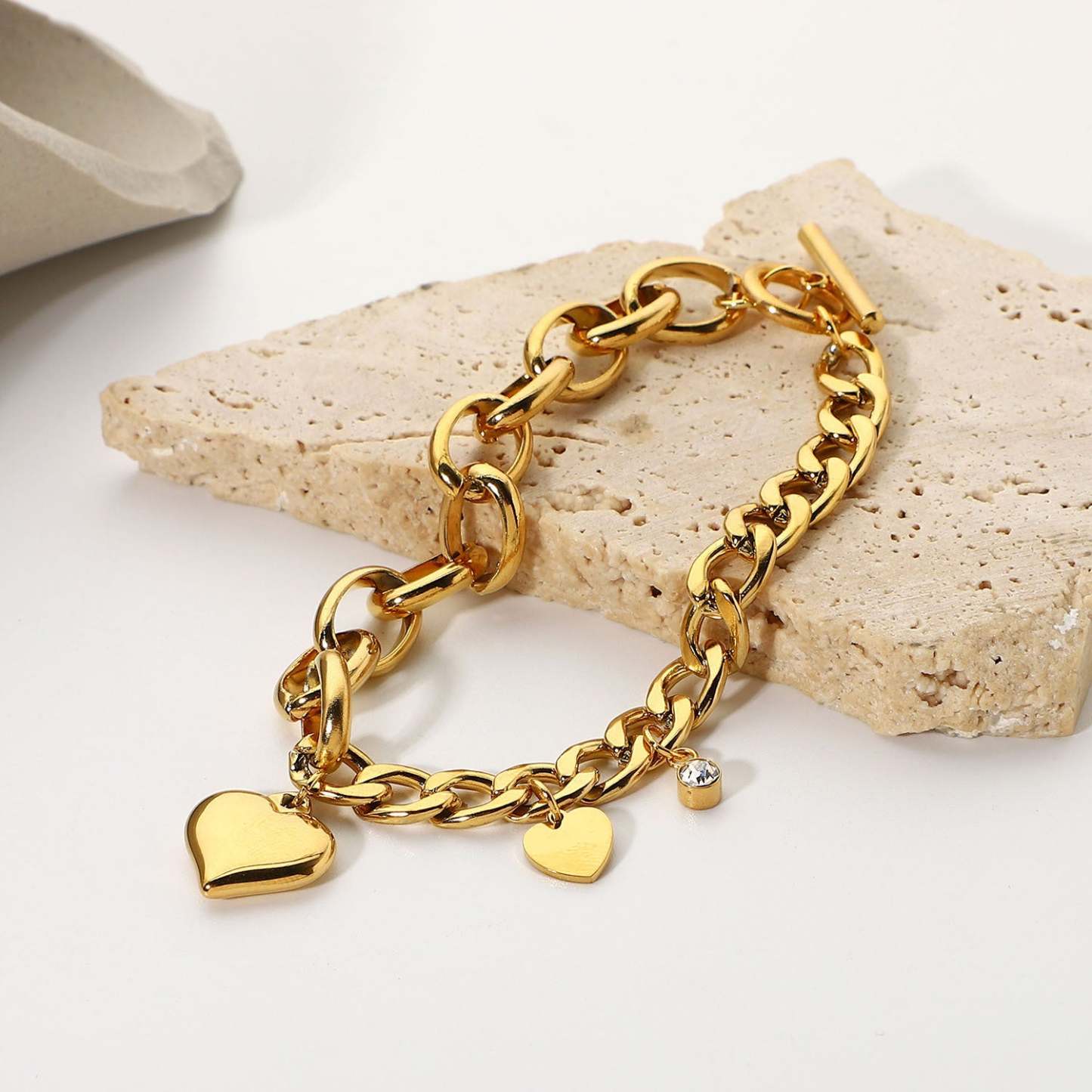 European and American Cuban chain oval chain double spelling love small round zirconium pendant OT buckle bracelet 18K gold-plated stainless steel bracelet-Mix MIx Style