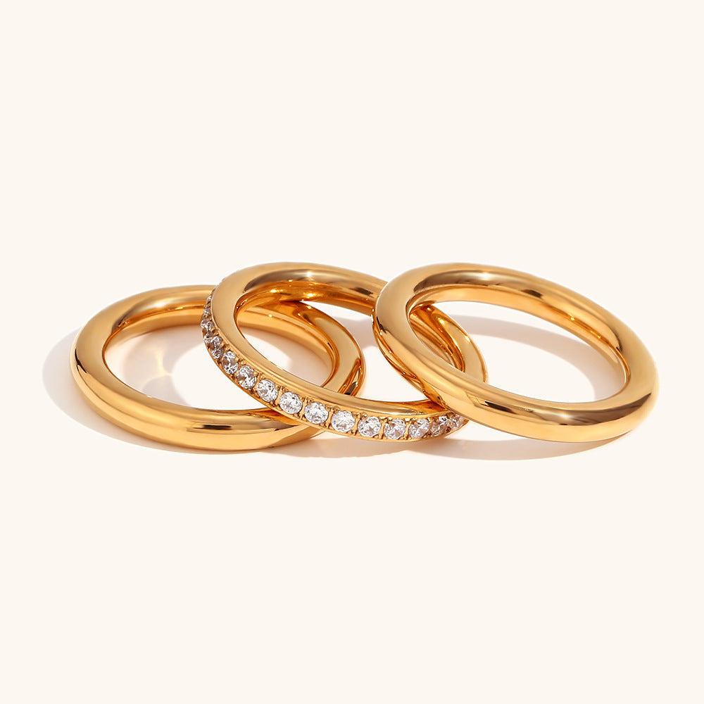 3 Set Style Retro Classic Round White Diamond Elegant Dainty  18k Vermeil Gold Plated Ring Jewelry | Mix Mix Style-Mix MIx Style
