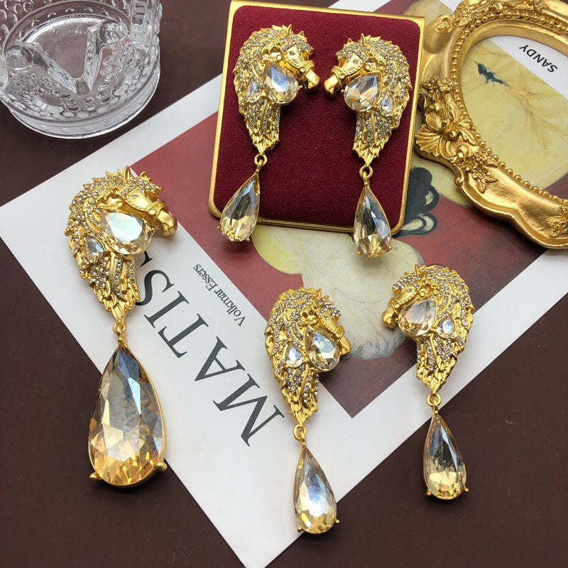 Irregular Retro Pendant White Pear Cut Diamond Luxury 18k Vermeil Gold Plated Earring Brooch Jewelry Set | Mix Mix Style-Mix MIx Style