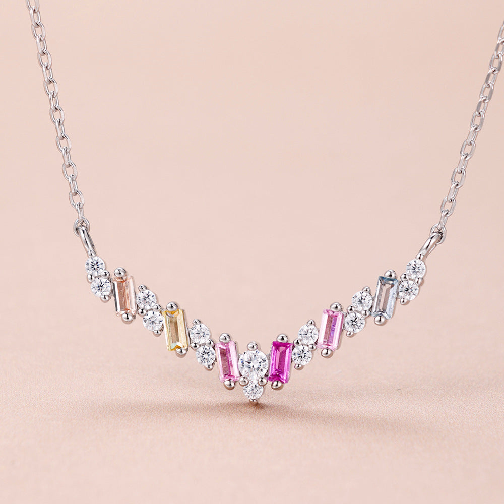 S925 sterling silver color necklace women's high-end trapezoidal rectangular zircon arrangement V-shaped design niche clavicle chain-Mix MIx Style
