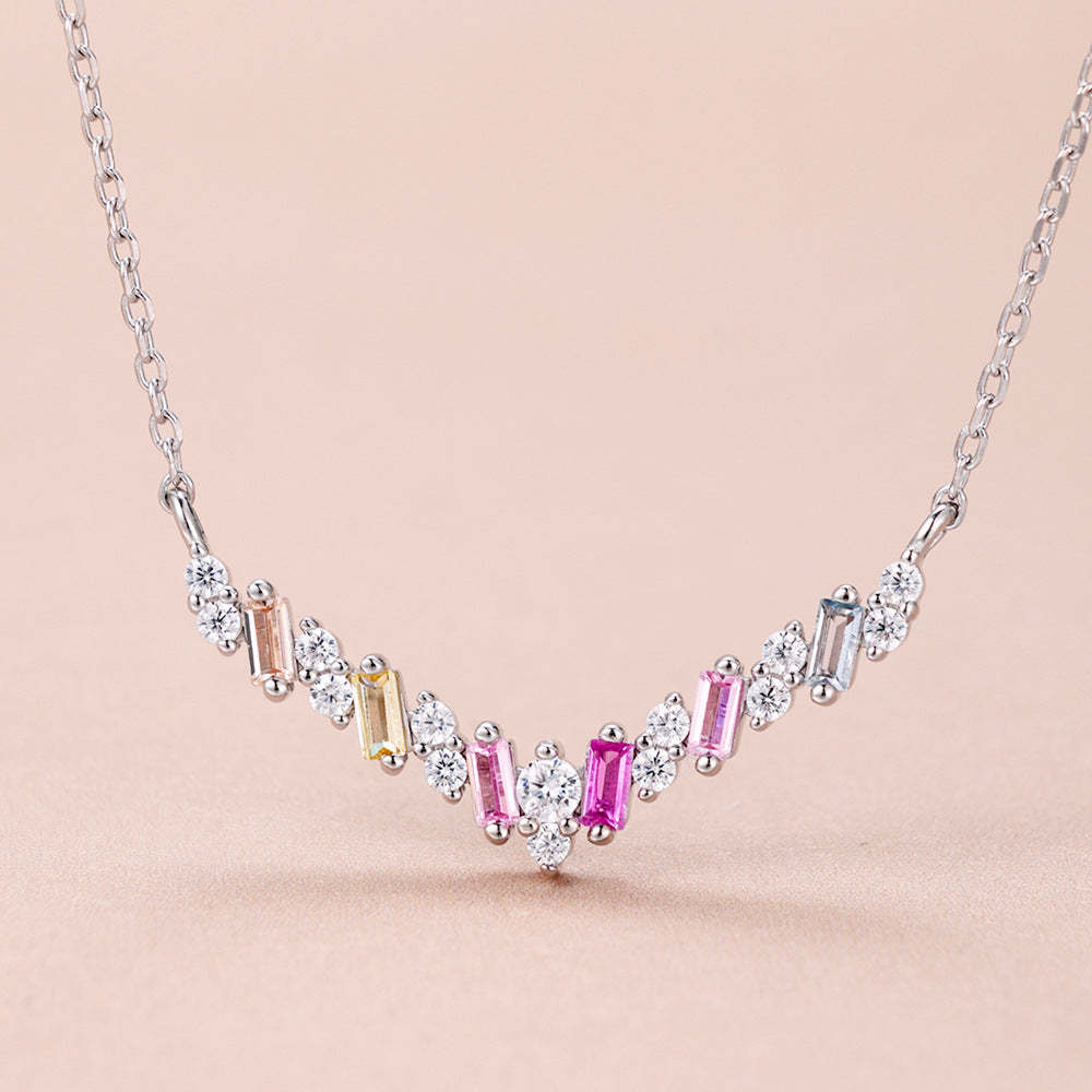 S925 sterling silver color necklace women's high-end trapezoidal rectangular zircon arrangement V-shaped design niche clavicle chain-Mix MIx Style
