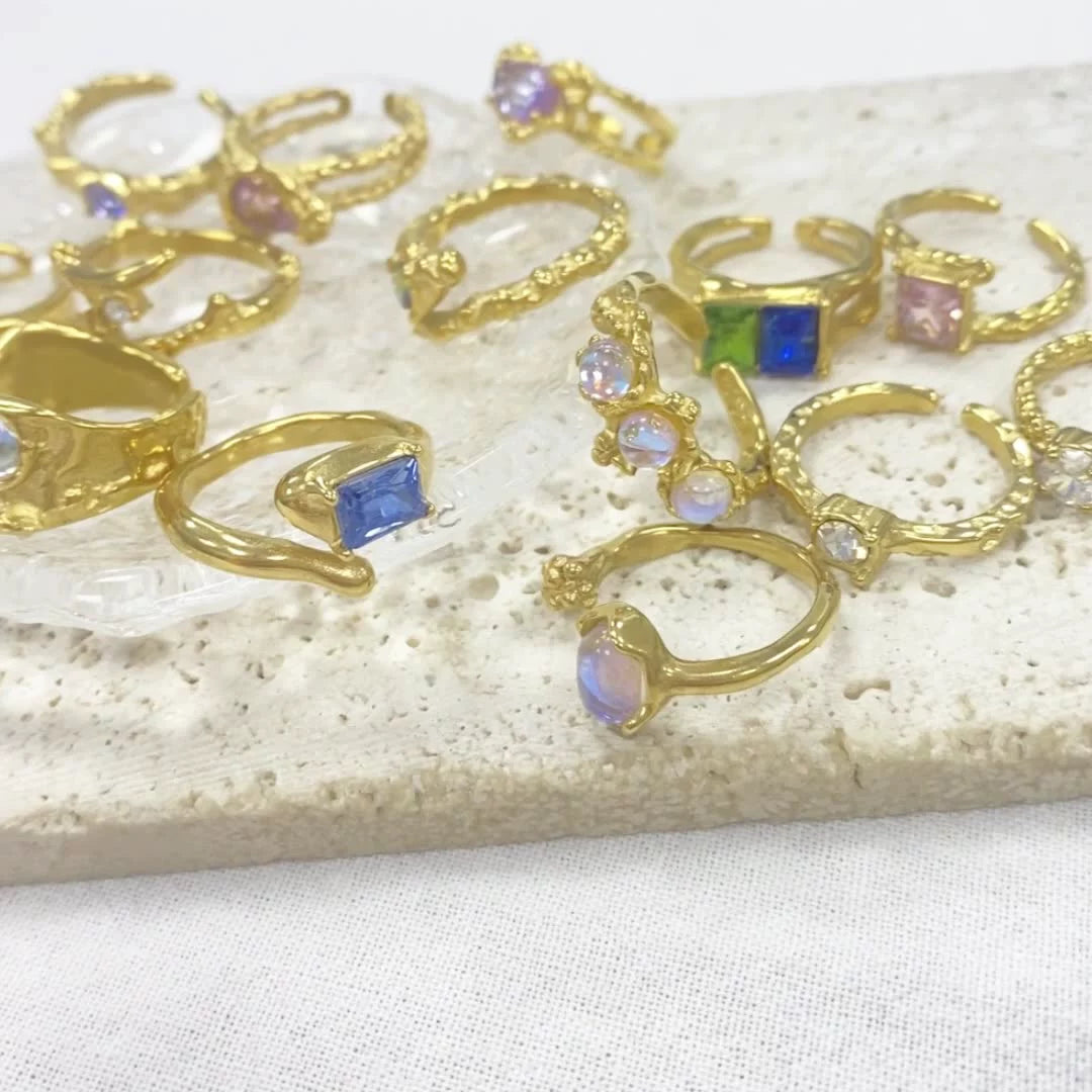 Retro Moissanite Gem 18k Gold Plated Opening Adjustable Ring | Mix Mix Style-Mix MIx Style