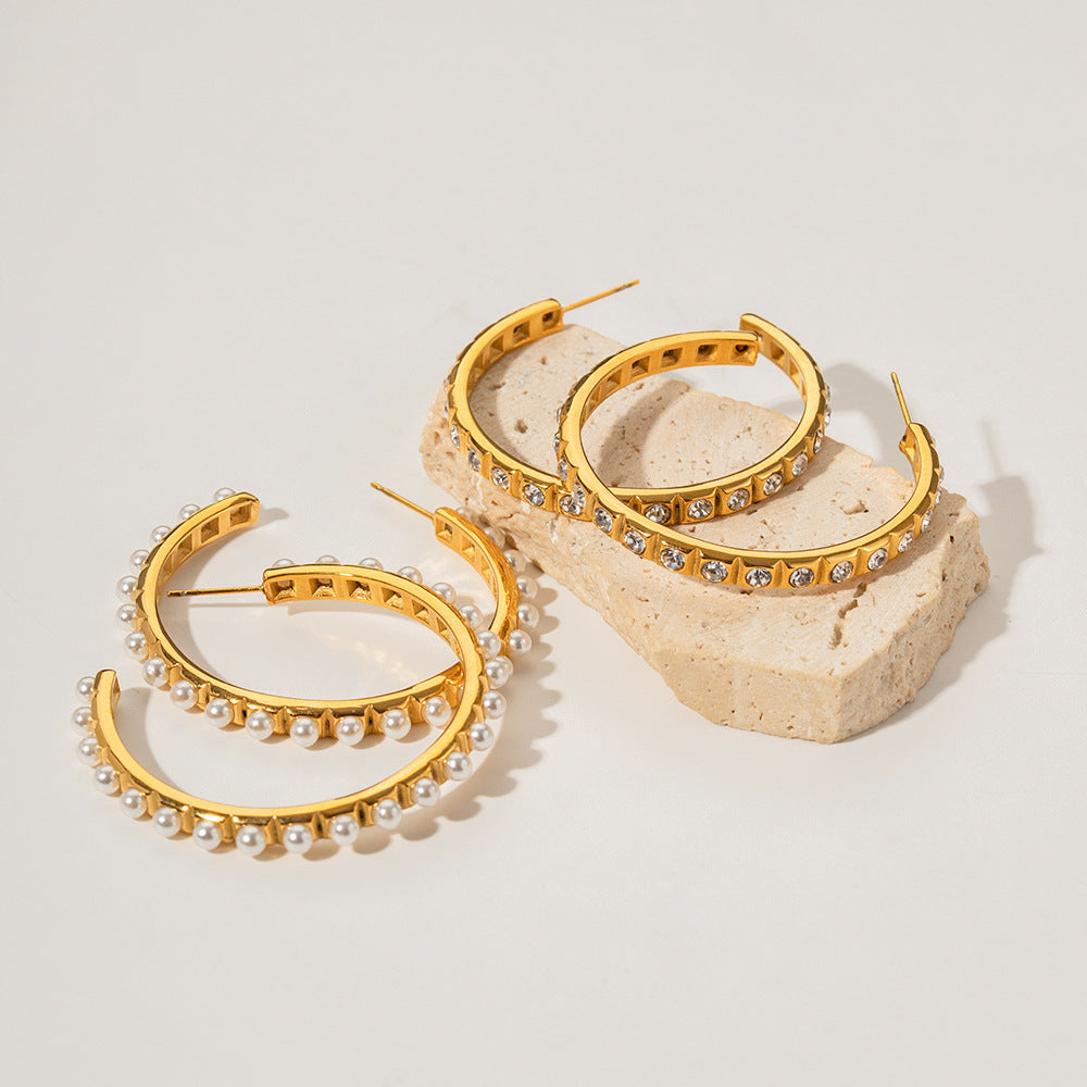 Classic White Akoya Pearls & Moissanite Diamonds Elegant 18k Vermeil Gold Plated Vintage Retro Hoop Earrings | Mix Mix Style-Mix MIx Style