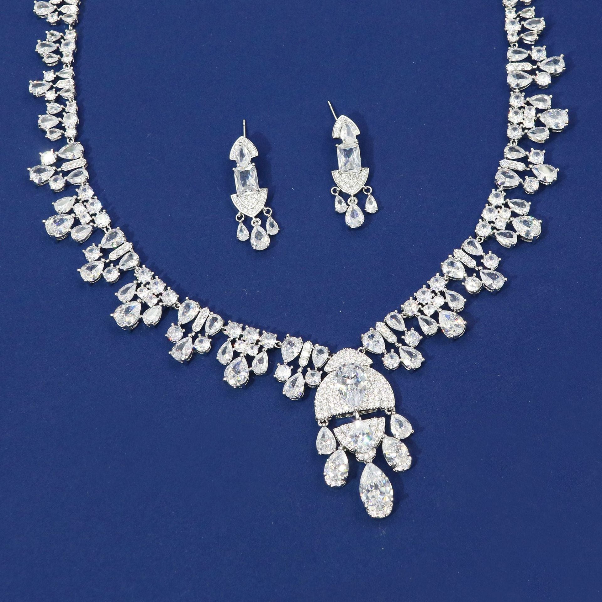 Cross-border European and American luxury heavy-duty women's hot jewelry set Internet celebrity water drop zircon necklace earrings jewelry wholesale-Mix MIx Style