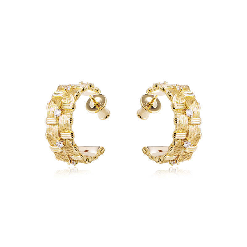 Sterling silver raffia braided earrings, 925 silver wide earrings, Italian light luxury brushed earrings-Mix MIx Style