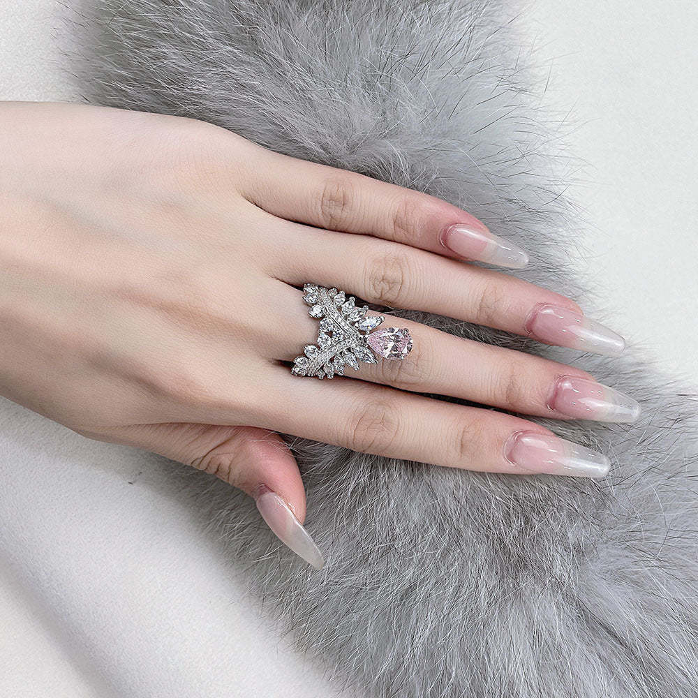 Moissanite Pink Diamond Pear Shape Feather Crown 2ct Wedding Ring-Mix MIx Style