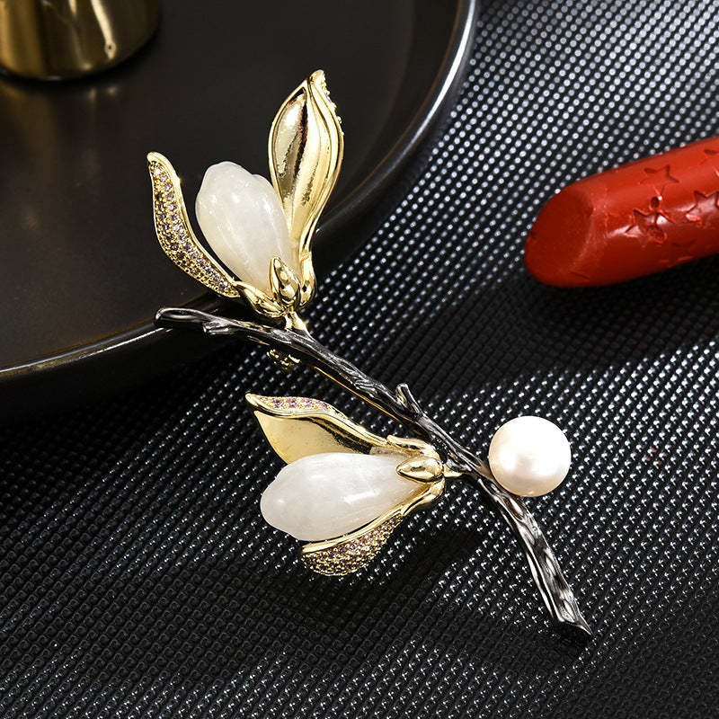 Magnolia Brooch High-end Women's Luxury Temperament Brooch Natural Hetian Jade High-end Corsage Freshwater Pearl Pin-Mix MIx Style