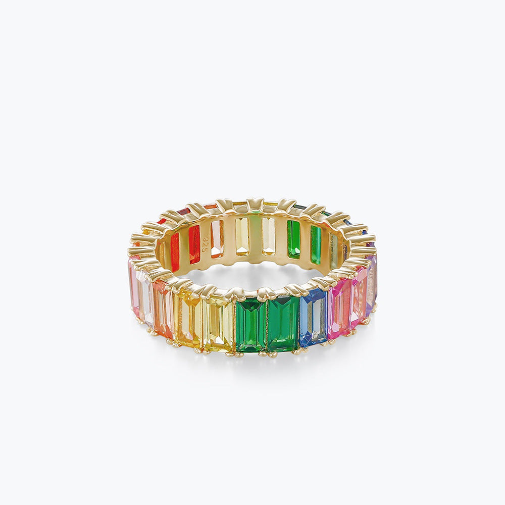 Rainbow Emerald Cut Moissanite Diamond 18k Vermeil Gold Plated Engagement Band Ring | Mix Mix Style-Mix MIx Style