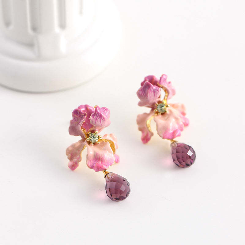 Spring and summer purple enamel iris petals gradient gem earrings ear 