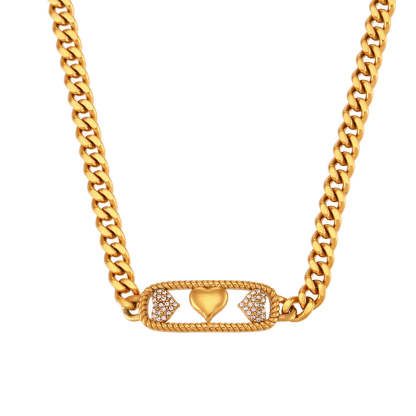 Thick Chain Retro Classic Hearts Pink Diamonds Luxury 18k Vermeil Gold Plated Necklace Jewelry | Mix Mix Style-Mix MIx Style
