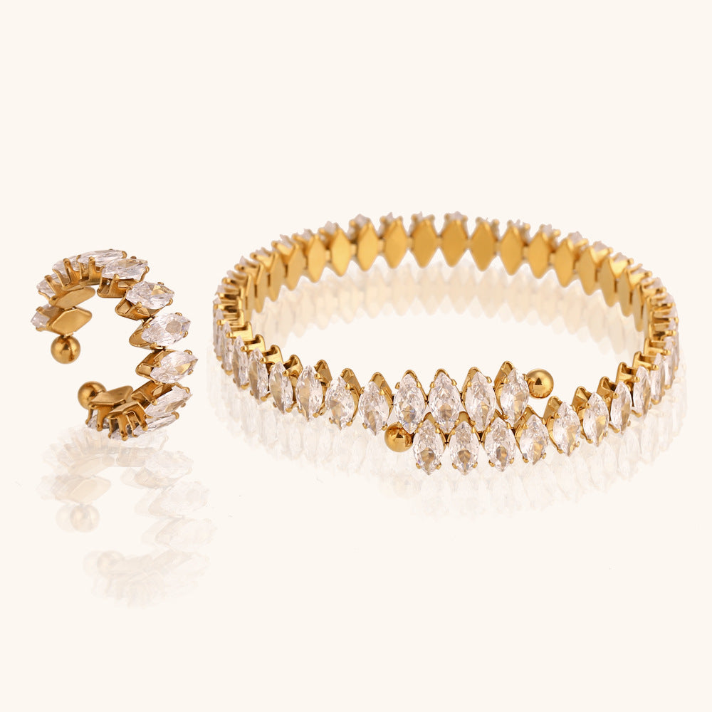 Embellished Retro Classic White Marquise Diamonds Luxury 18k Gold Plated Cuff Bracelet & Open Ring Jewelry Set | Mix Mix Style-Mix MIx Style