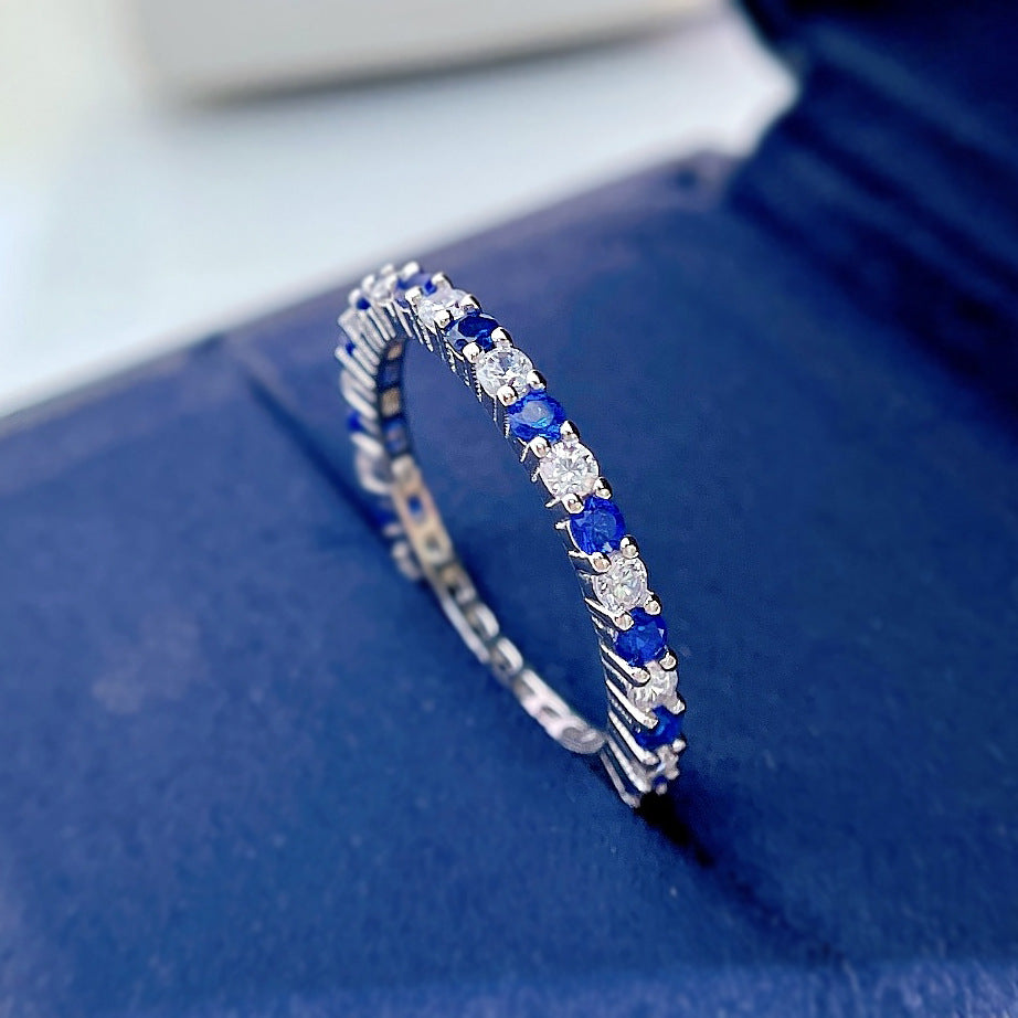 Colorful Dainty Round Cut Moissanite Diamonds Row 18k White Gold Engagement Band Ring | Mix Mix Style-Mix MIx Style