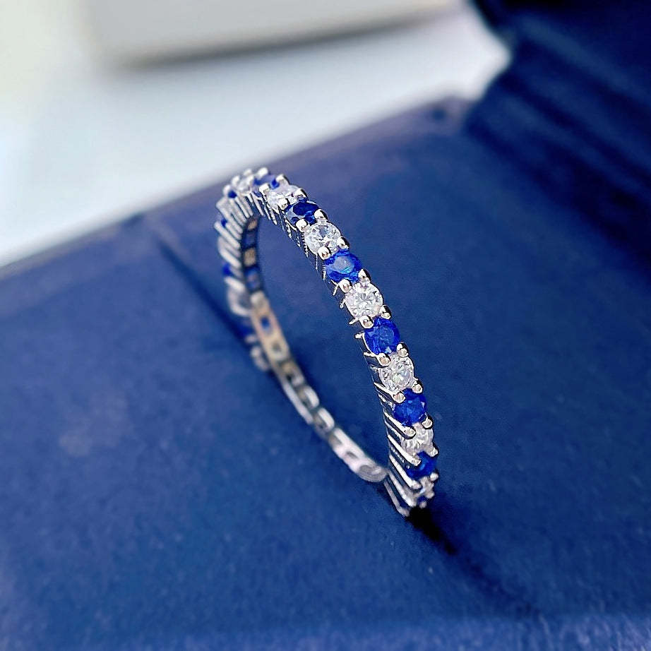 Colorful Dainty Round Cut Moissanite Diamonds Row 18k White Gold Engagement Band Ring | Mix Mix Style-Mix MIx Style