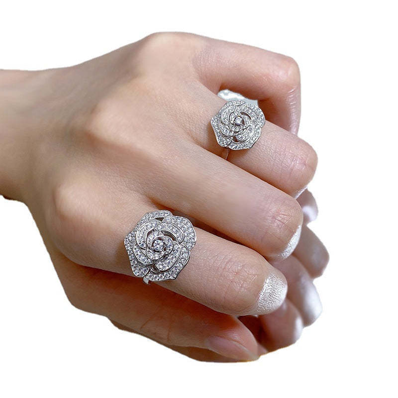 Flower White Camellia Round Cut Moissanite Diamonds 18k White Gold Plated Engagement Ring | Mix Mix Style-Mix MIx Style