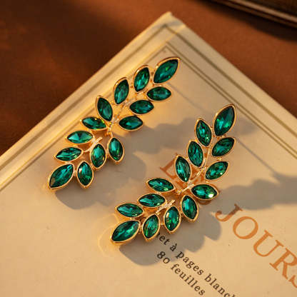 Retro Classic Green Leafs Marquise Diamonda Luxury 18k Gold Plated Necklace Earring Jewelry Set | Mix Mix Style-Mix MIx Style