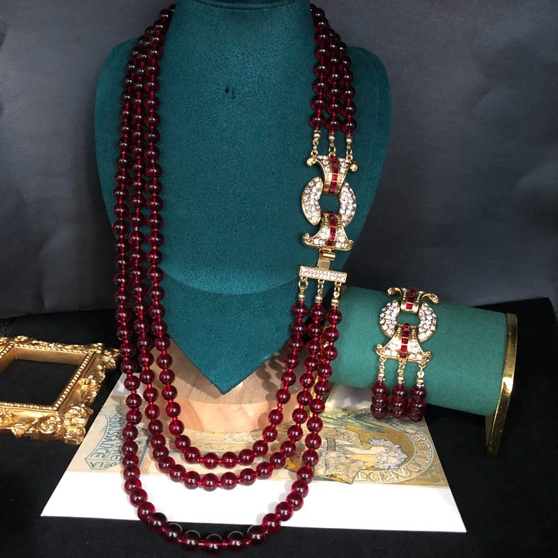 Red Multi-layer Retro Classic Beads Micro Diamonds Luxury 18k Gold Plated Necklace Bracelet Jewelry Set | Mix Mix Style-Mix MIx Style
