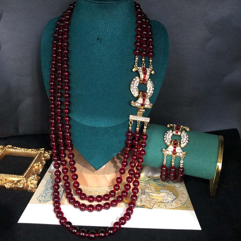 Red Multi-layer Retro Classic Beads Micro Diamonds Luxury 18k Gold Plated Necklace Bracelet Jewelry Set | Mix Mix Style-Mix MIx Style