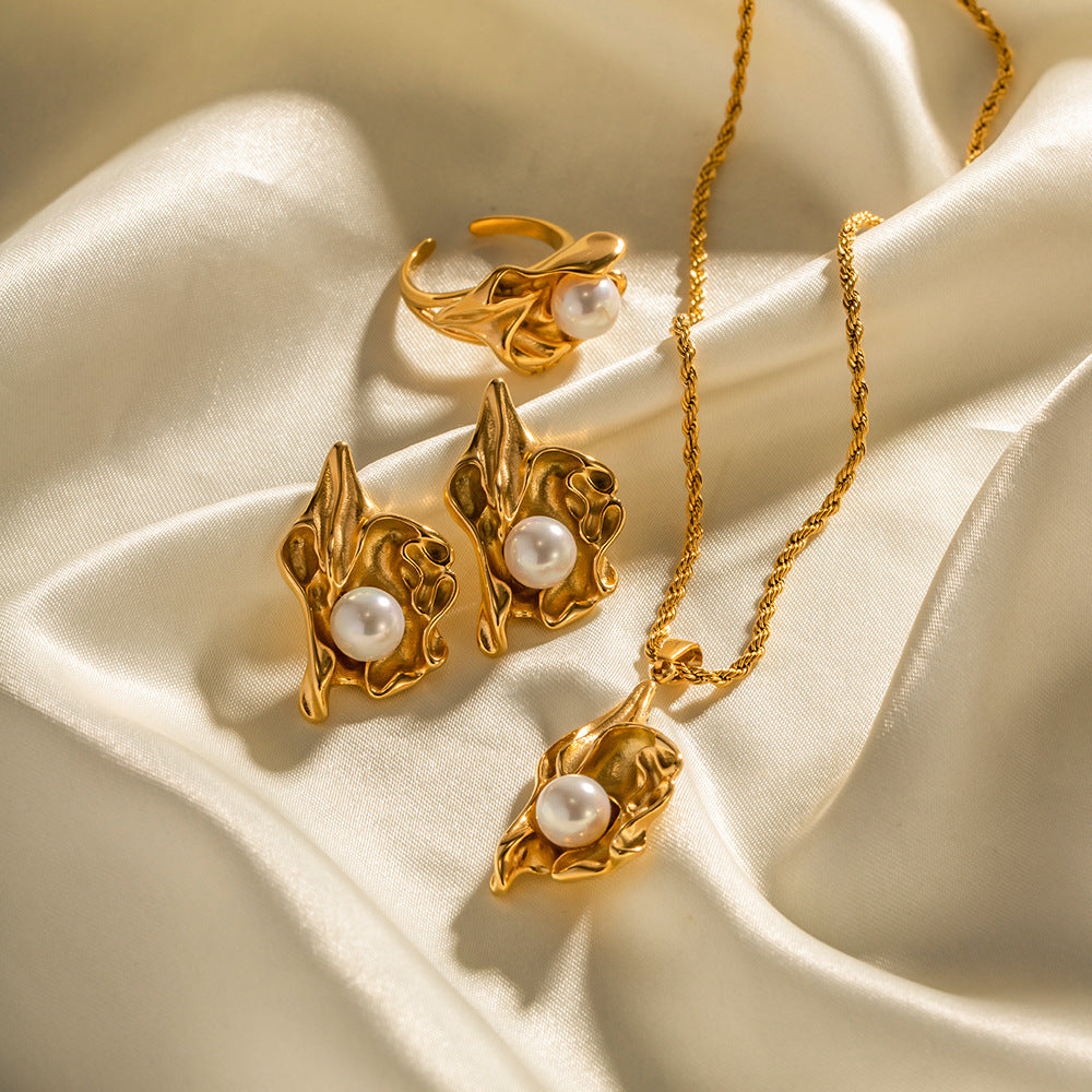 Seashell Classic Akoya Pearl Pendant Luxury 18k Gold Plated Necklace Earring & Ring Jewelry Set | Mix Mix Style-Mix MIx Style