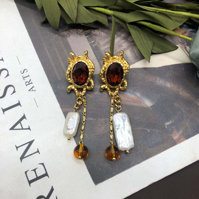 Retro Red Timeless Baroque pearl Oval Moissanite Diamonds Luxury 18k Vermeil Gold Plated Drop Earrings | Mix Mix Style-Mix MIx Style