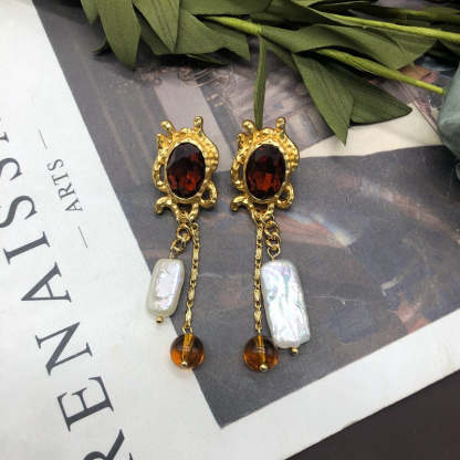 Retro Red Timeless Baroque pearl Oval Moissanite Diamonds Luxury 18k Vermeil Gold Plated Drop Earrings | Mix Mix Style-Mix MIx Style