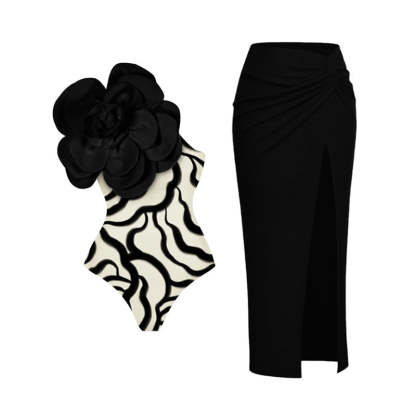 Statement Bodysuit & Swimsuit With Oversized Flower - Black | Mix Mix Style [Hot Seller]-Mix MIx Style
