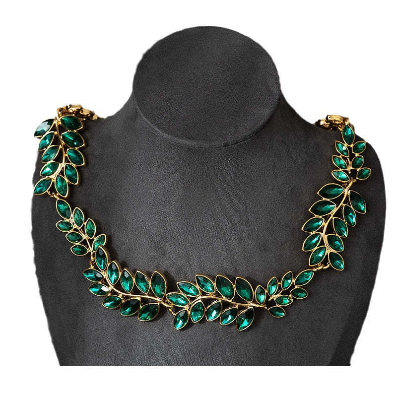 Retro Classic Green Leafs Marquise Diamonda Luxury 18k Gold Plated Necklace Earring Jewelry Set | Mix Mix Style-Mix MIx Style