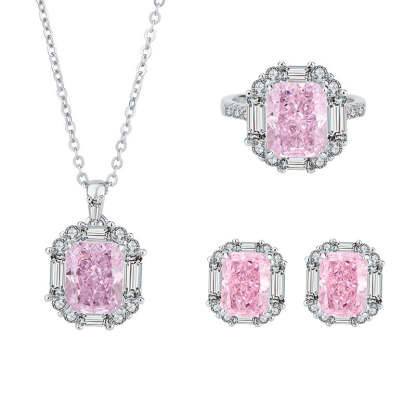 European and American retro fashion daily style high carbon diamond pink diamond pendant ring 8*10 earrings 6*8 set S925 silver-Mix MIx Style