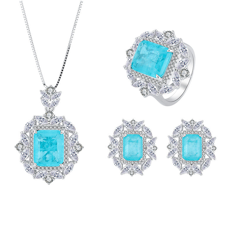 European and American fashion hot selling simulated Paraiba ring pendant 10*12 earrings 6*8 set S925 silver-Mix MIx Style